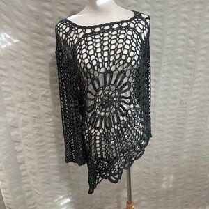 Open Crochet Sweater Flower Design Silver Black Women’s sz L Whimsygoth
